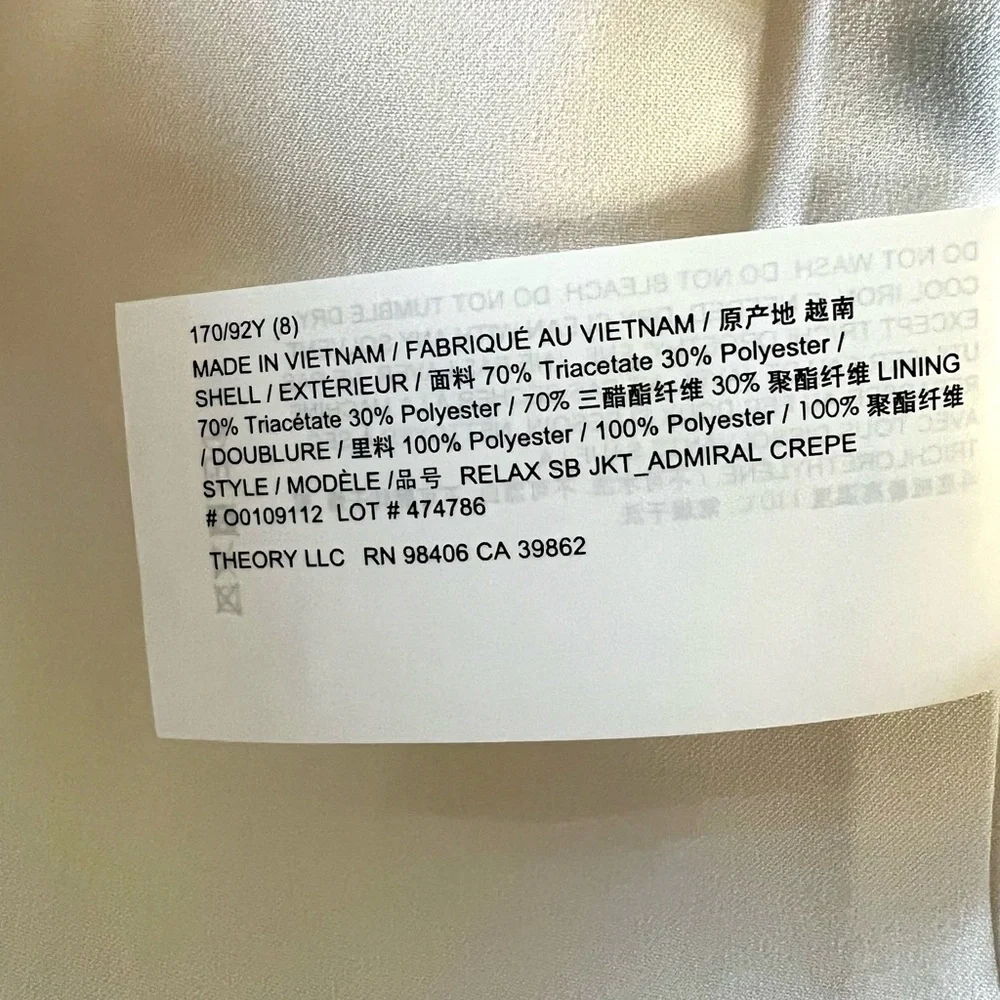 NWT Theory Relax SB JKT Rice Admiral Crepe White Jacket - Size 8 - Picture 8 of 9